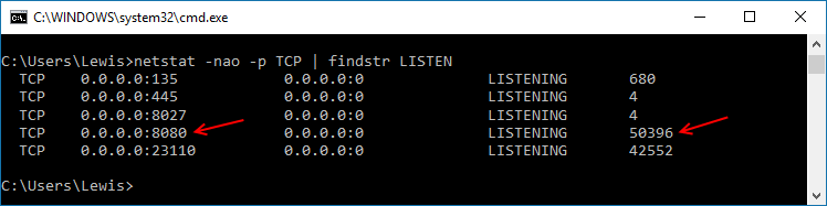 screenshot showing usage of netstat on Windows to find which program is using port 8080